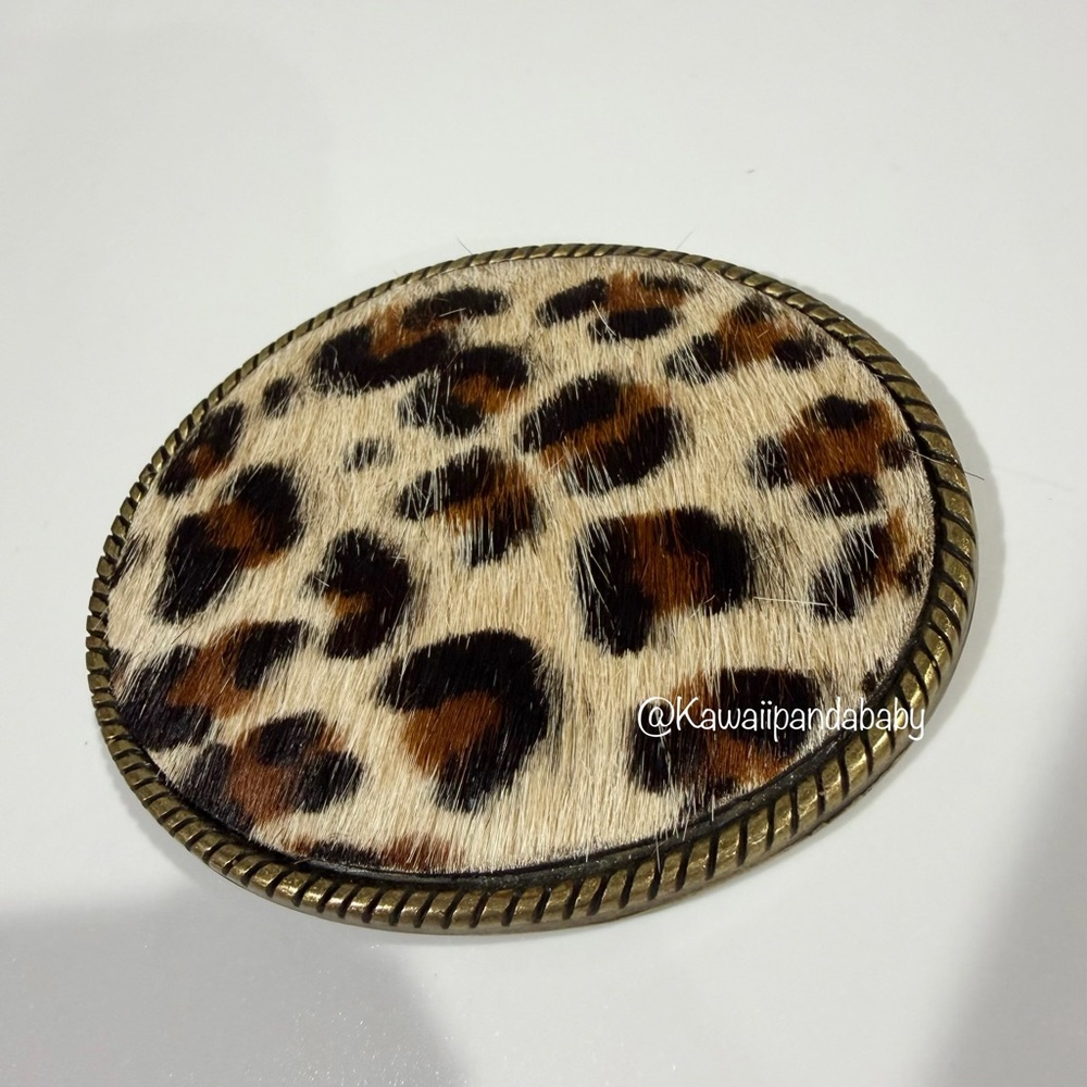 Y2K Vintage Leopard Cheetah Ponyhair Fur Antique Gold Brass Western Belt Buckle